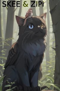 black cat with sparrow on his head in the woods