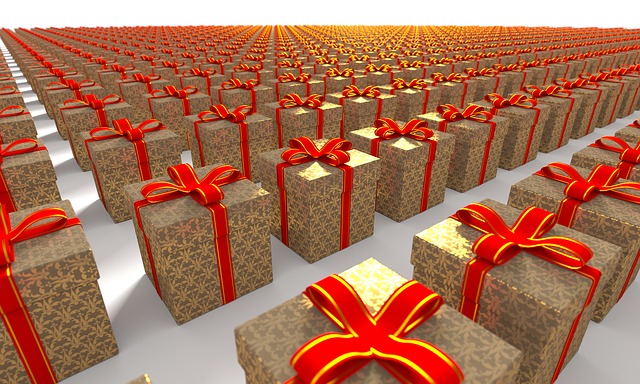 Rows upon rows of gold presents with red bows. 