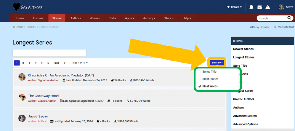 Shows Longest Series Page with highlights on how to use Sort link