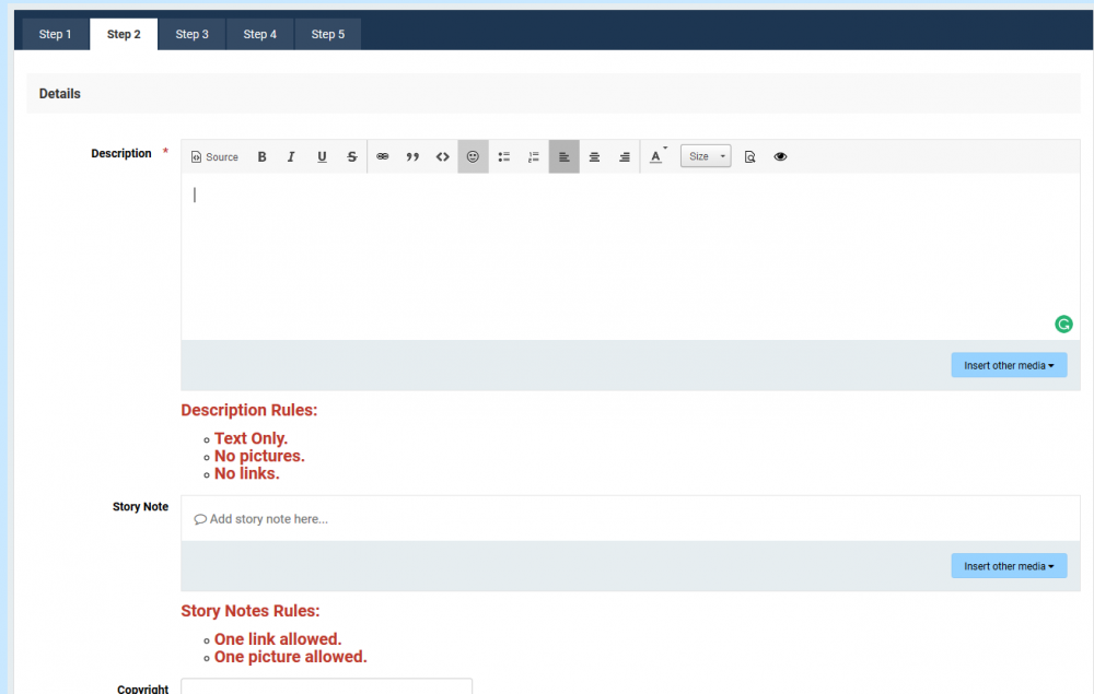 Image shows new description rules and story note rules