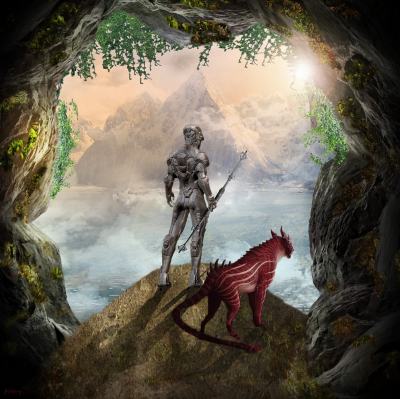 Figure in an all metal suit staring out of a cave over a lake with a red-skinned alien beast on four legs and a long tail standing beside him.