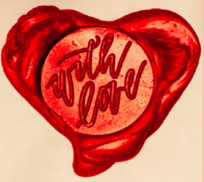 Wax seal in the shape of a heart, words with love in the center