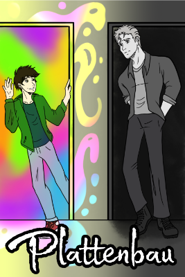 Cover image shows a young man in full color on the left waving to his neighbor, a taller man cloaked in greyscale with a frown on his face.