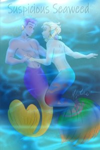 Two colorful mermen dancing underwater.