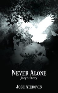 A white owl flies against a dark and foreboding background of black trees.