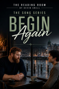 Book cover for Begin Again showing two men across a café table beside a rain-dark Dublin canal.