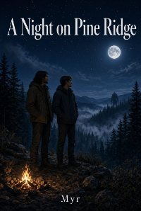 A Night on Pine Ridge by Myr book cover showing two young men, a campfire overlooking a pine forest