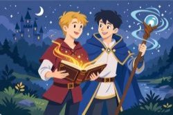 Two young men with a magical staff and spellbook and a label of Fantasy