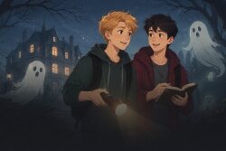 Two young men looking scared with ghosts floating behind them and a label of Paranormal