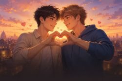 Two young men creating a heart with their hands with the label of Romance