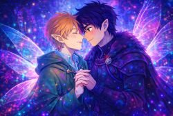 Two young men, one with fairy wings and label of Romantasy