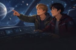 Two young men in a space ship and a label Sci-Fi