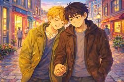 Two young men walking through the street with label of Gay First Time