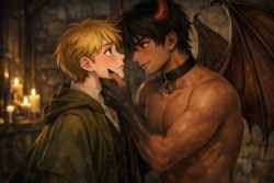 Two young men, one a demon with a label of Gay Demon