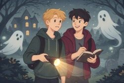Two young men looking scared with ghosts floating behind them and a label of Paranormal