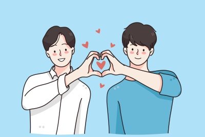 Male/Male romance with cartoon males creating a heart with joined hands