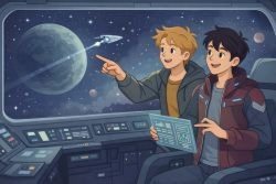 Two young men in a space ship and a label Sci-Fi